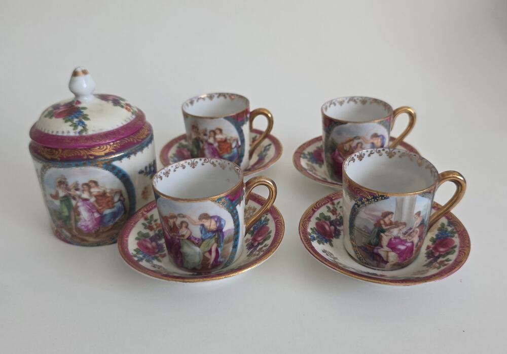 Vintage Royal Vienna Style Demitasse Set 4 Cups Saucers Sugar Bowl Porcelain
